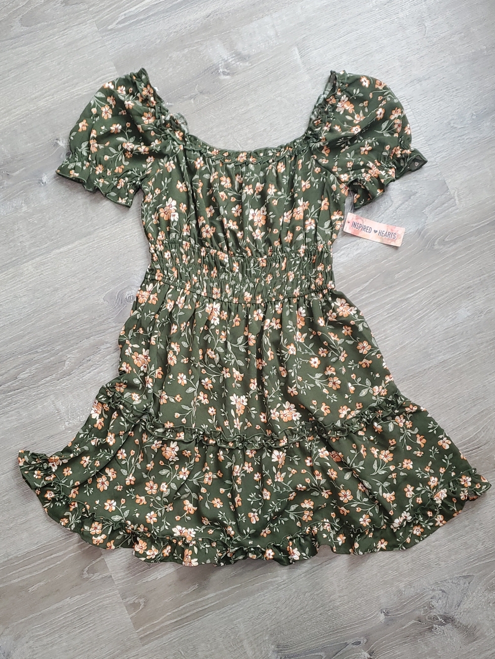 Inspired Hearts Olive Green Floral Peasant Dress